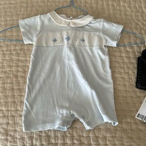 Kissy Kissy Blue romper with stitched fish. Size 6-9 months